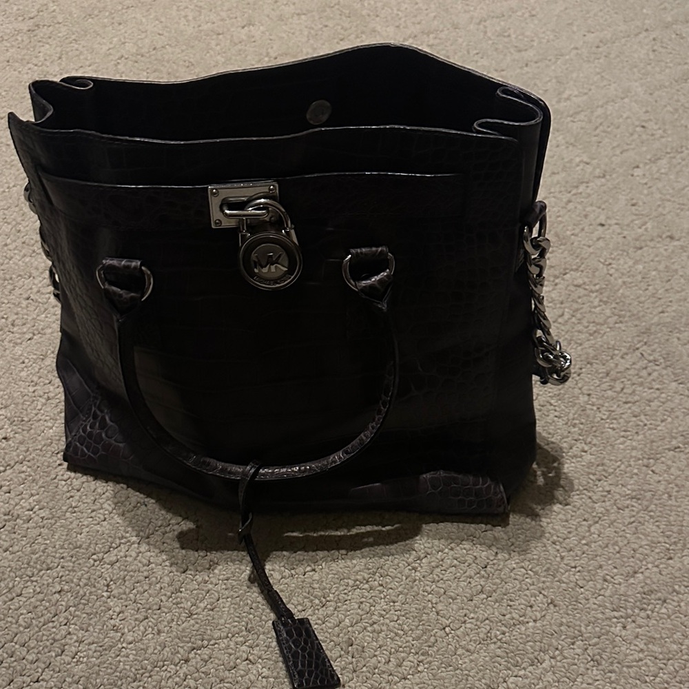 Michael Kors Black Croc-Embossed Leather Tote with MK Charm